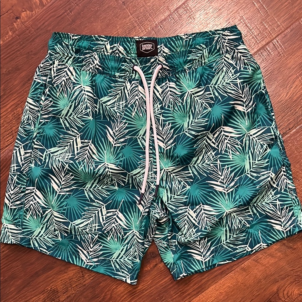 Green and Blue Swim Trunks with Tropical Design